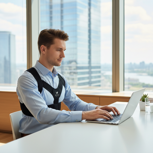 Man wearing posture corrector at office desk